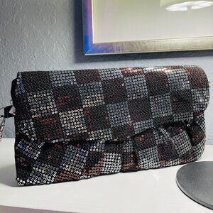 VINTAGE 70s 80s Sequin Plaid Evening Clutch Copper Silver Disco Wristlet